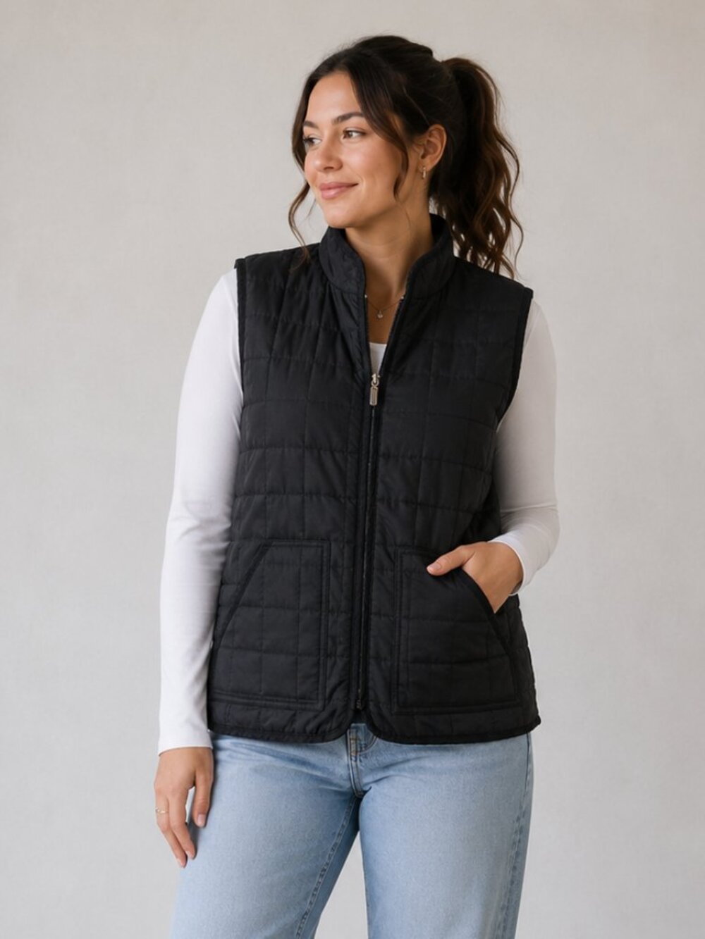 Jones New York Sport Women's Black Quilted Zip Vest Size M Pockets